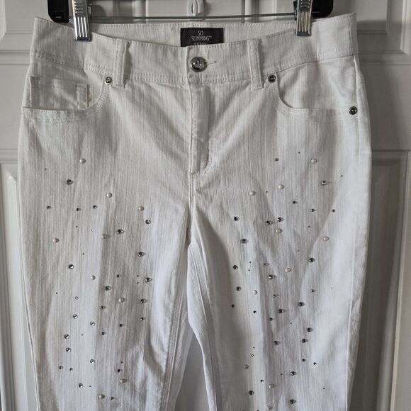 Chico’s So Slimming Ankle Jeans 0.5 US 6 White Rhinestone Pearl Embellished Stre - Picture 5 of 11
